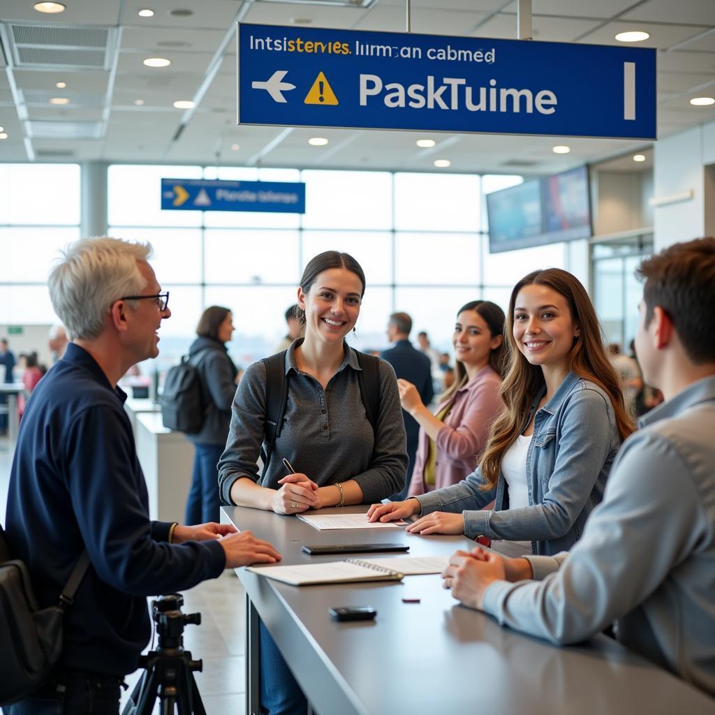 Airport assistance desk with staff helping passengers