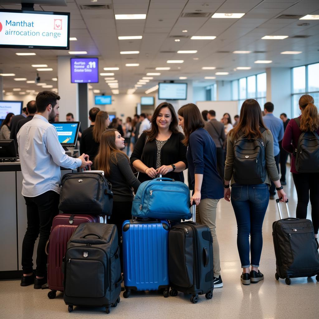 Passengers checking in their luggage at the airport weight limit counter