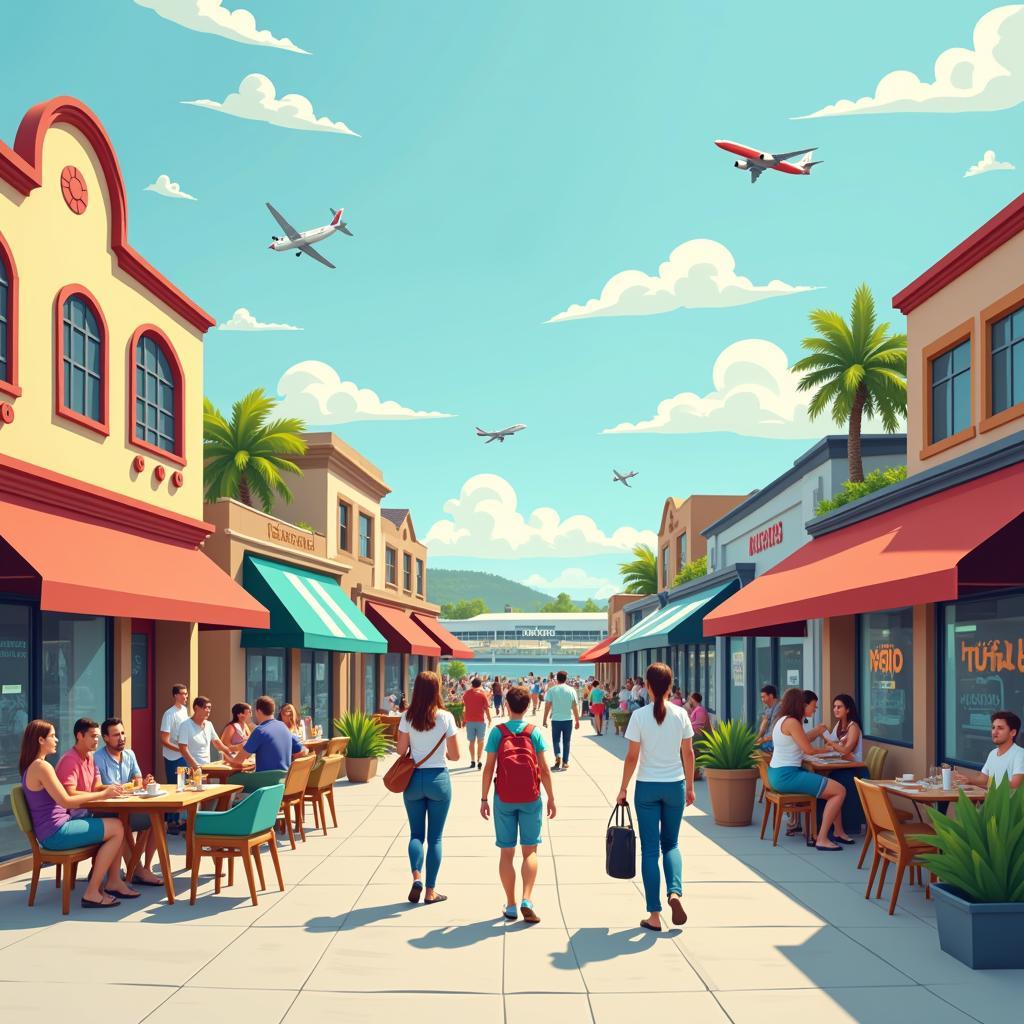 Airport Boosting Local Economy: Tourists exploring shops and restaurants near the airport.