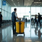 Airport cleaner working in a busy terminal