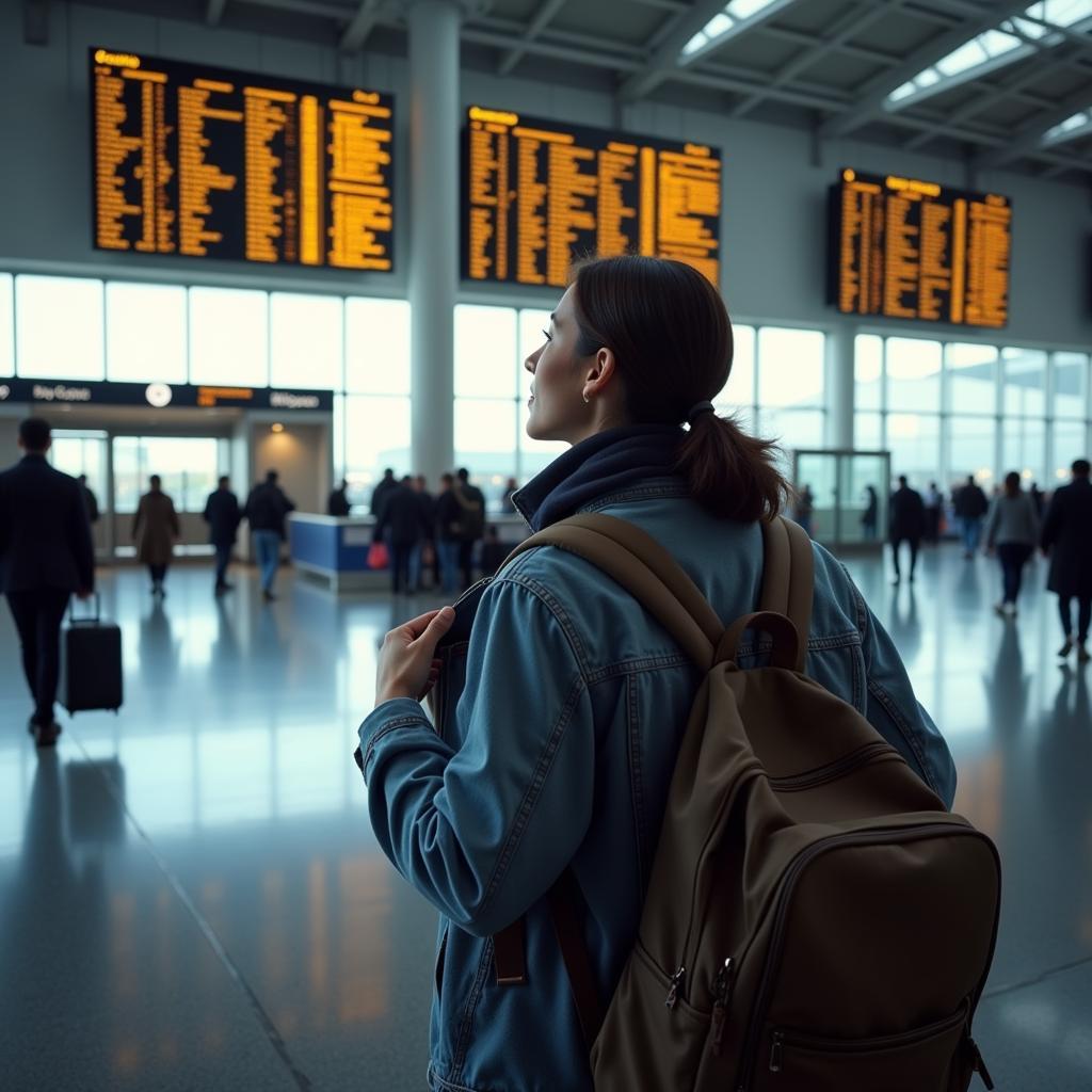 Traveler checking airport departure board for next adventure