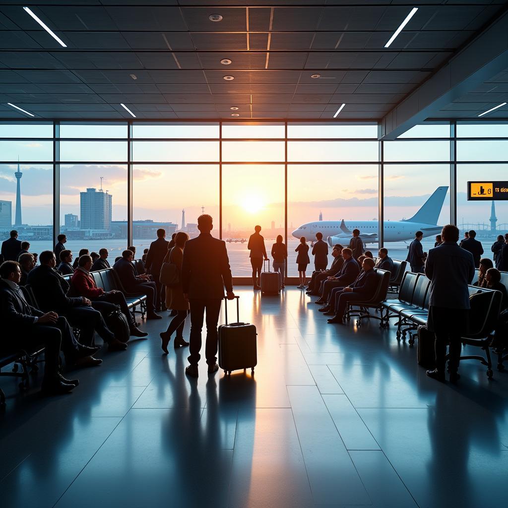 Passengers waiting in the airport departure lounge