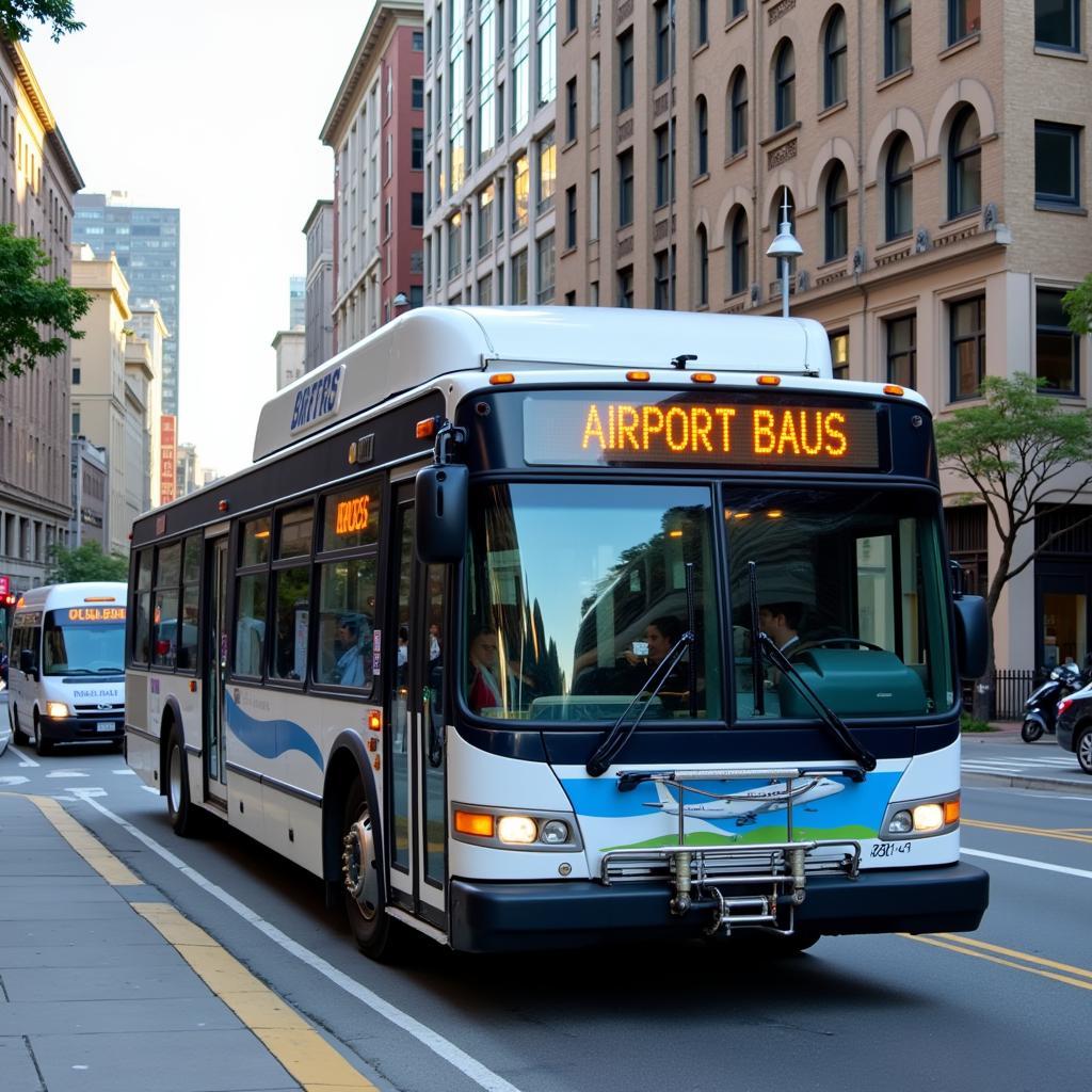 Airport express bus efficiently navigating through city traffic