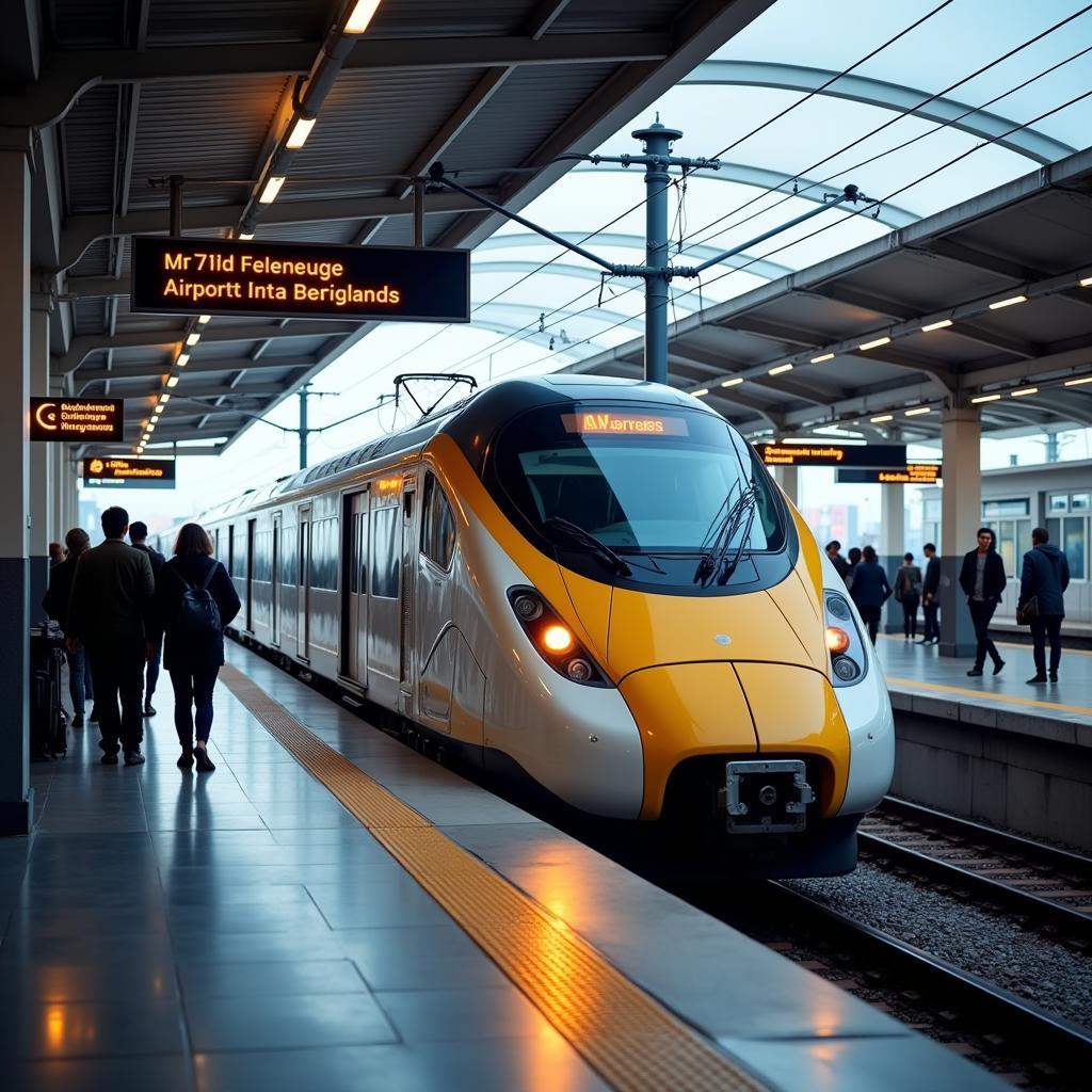 Airport express train arriving at a busy station platform