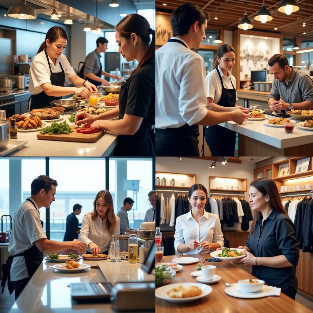 Airport food and beverage and retail staff: Employees preparing food, serving customers in a cafe, and assisting shoppers in a retail store.