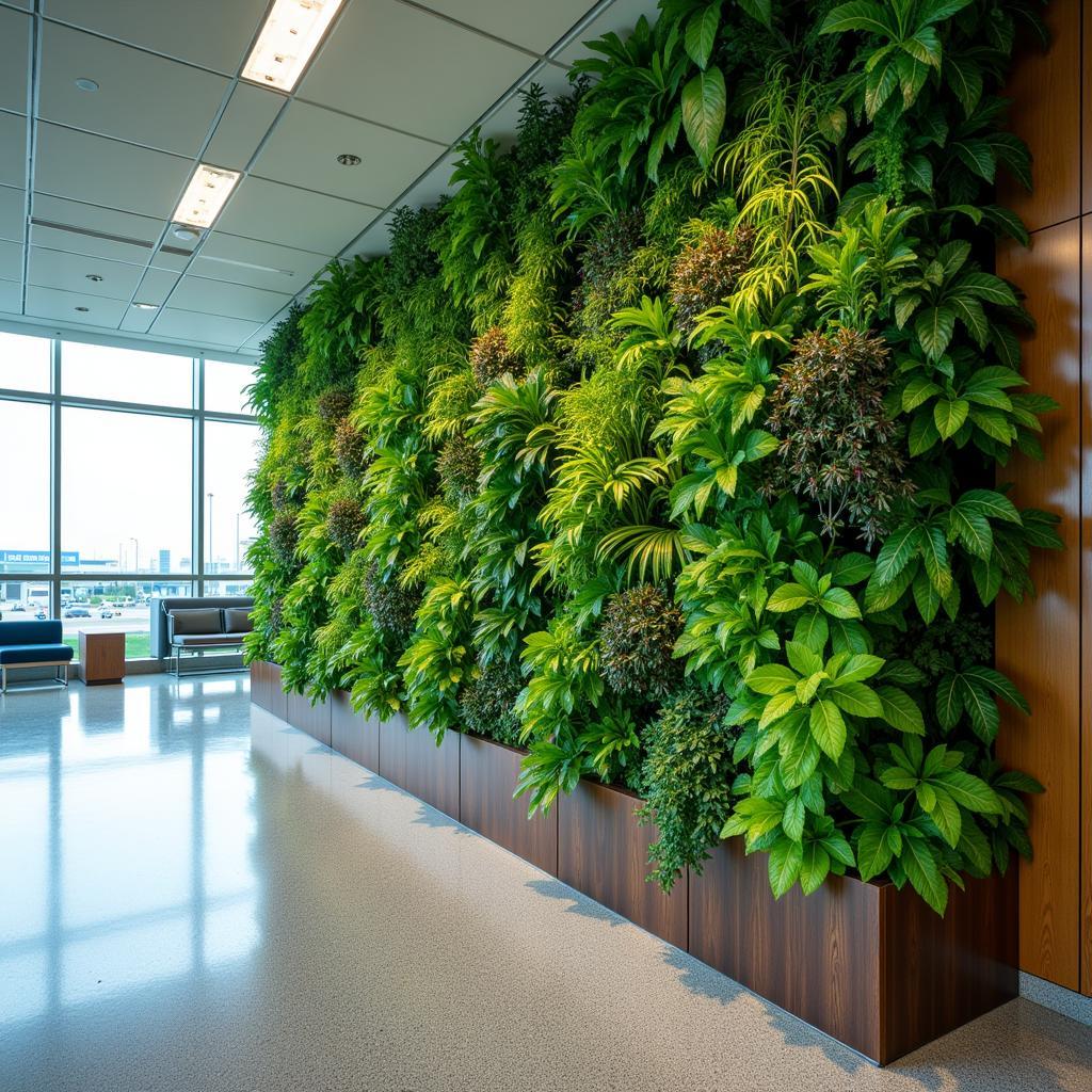 A lush green wall inside an airport terminal, showcasing sustainable and biophilic design principles.