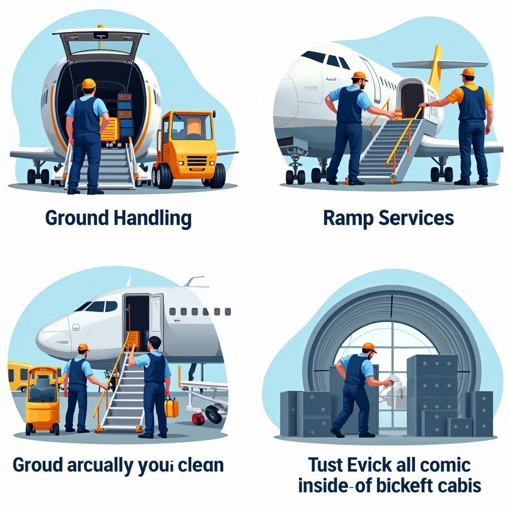 Airport ground handling and baggage services: Workers loading and unloading luggage from an aircraft, guiding planes on the ramp, and cleaning the cabin interior.