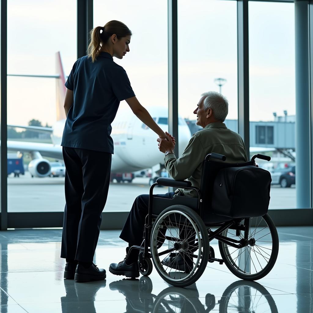 Airport ground staff assisting a passenger in a wheelchair