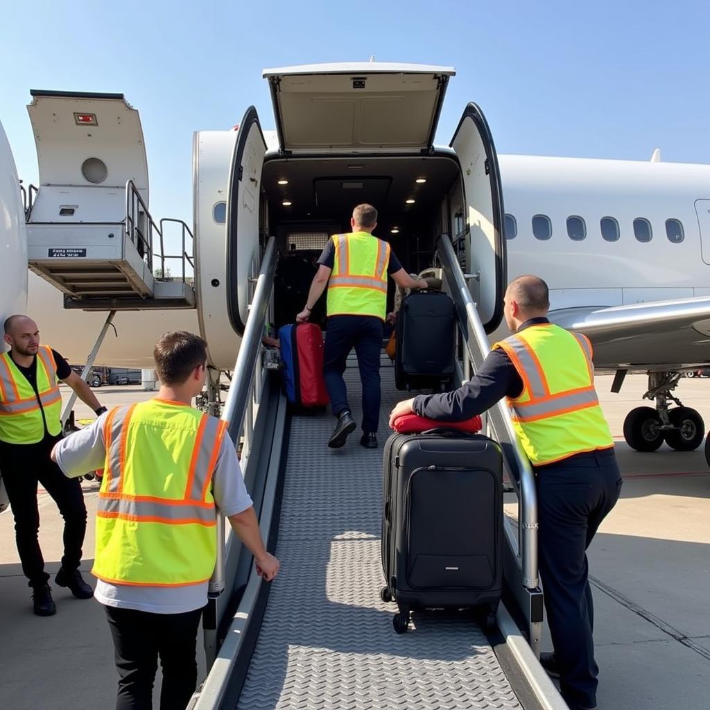 Airport ground staff loading baggage onto an aircraft.