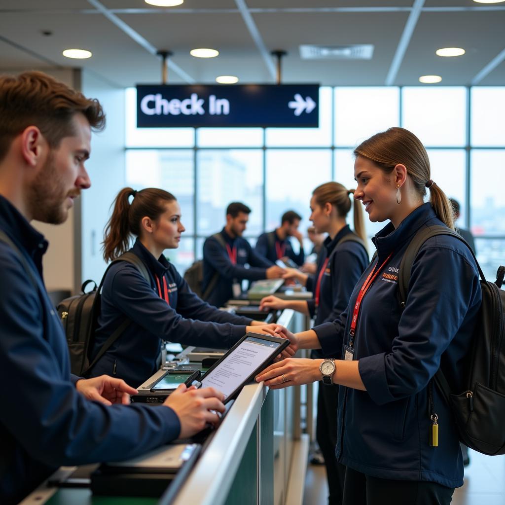 Airport ground staff assisting passengers at the check-in counter