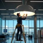 Airport handyman repairing a light fixture in the terminal