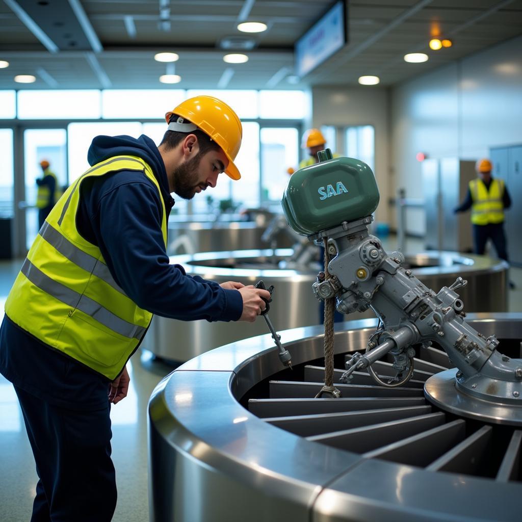 Airport handyman working on a baggage carousel