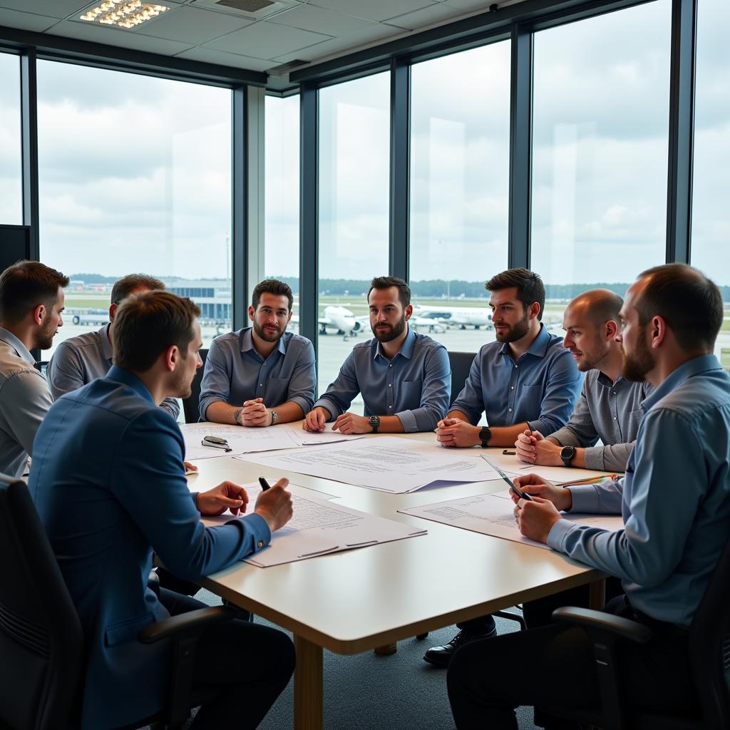 Airport handyman team discussing maintenance plans