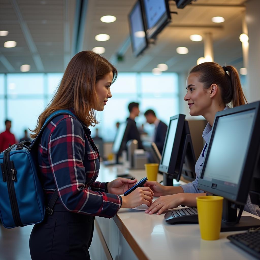 Airport Helper Checking Baggage at Check-in Counter