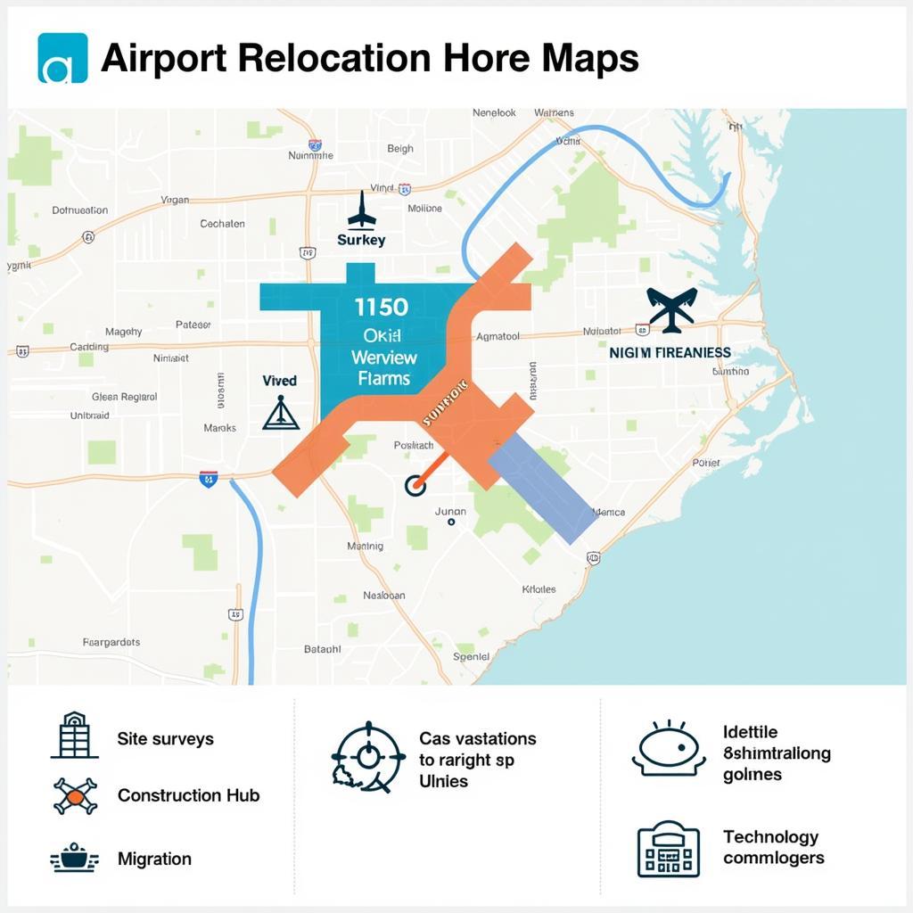 Airport Relocation Planning and Logistics:  A detailed map illustrating the complex logistics involved in relocating an airport, highlighting key areas like site selection, infrastructure development, and technology transfer.