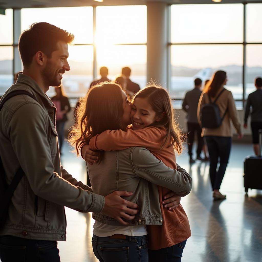 Family reunion hug at the airport arrival gate