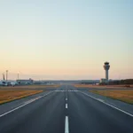 Airport runway with control tower in the background