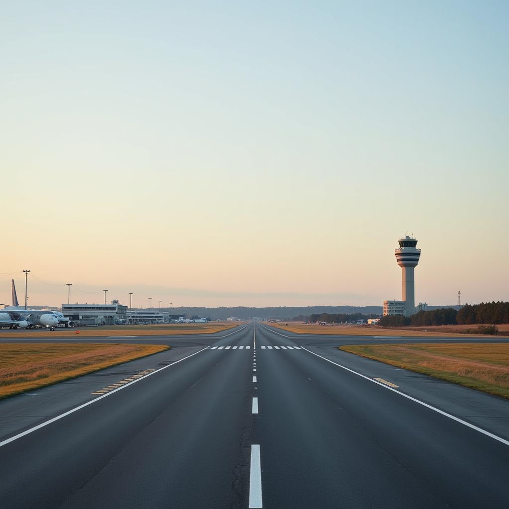 Airport runway with control tower in the background