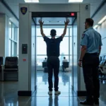 Passenger undergoing a body scan at airport security