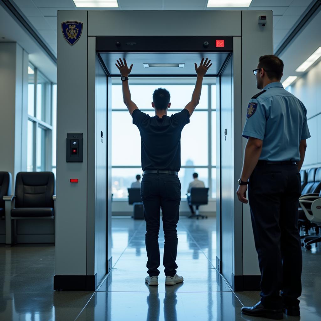 Passenger undergoing a body scan at airport security