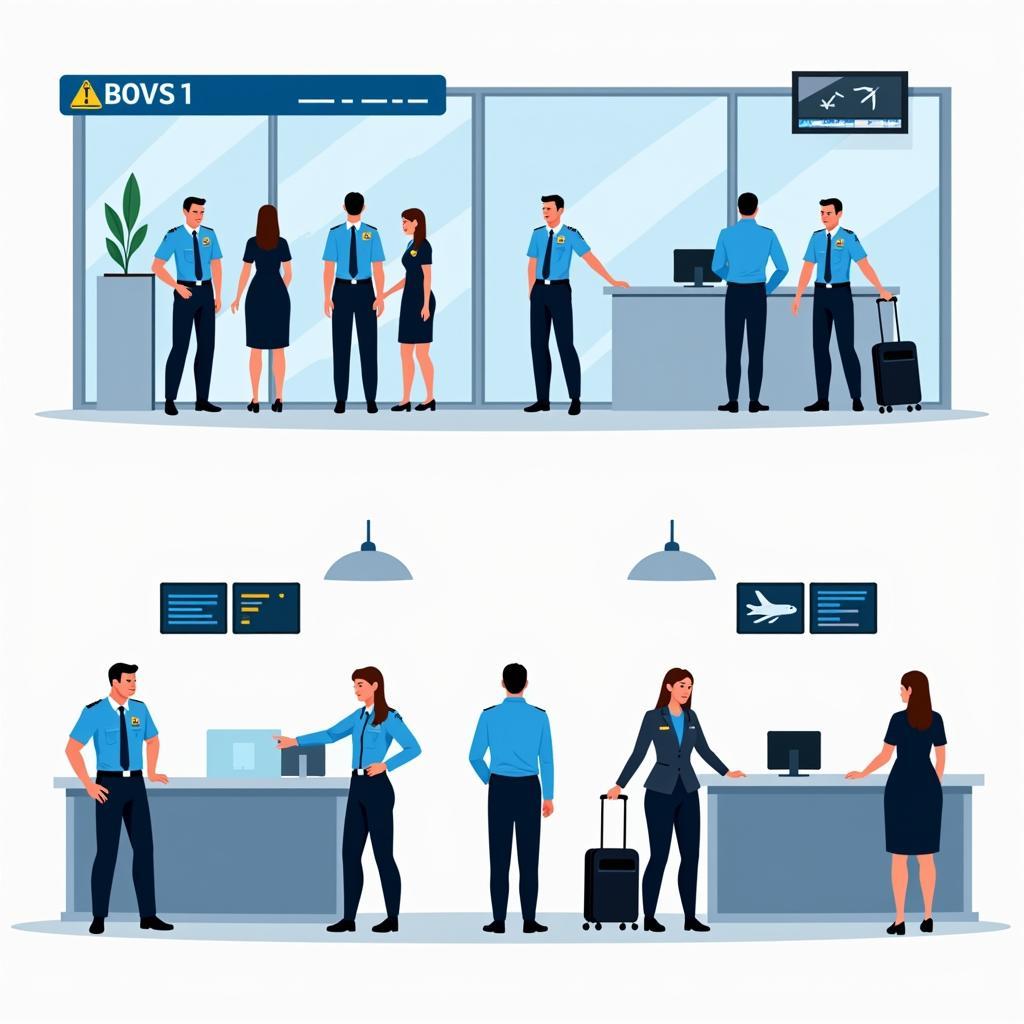 Airport security and customer service personnel: Security officers patrolling the terminal, monitoring surveillance screens, and assisting passengers. Customer service agents helping travelers with inquiries at information desks.