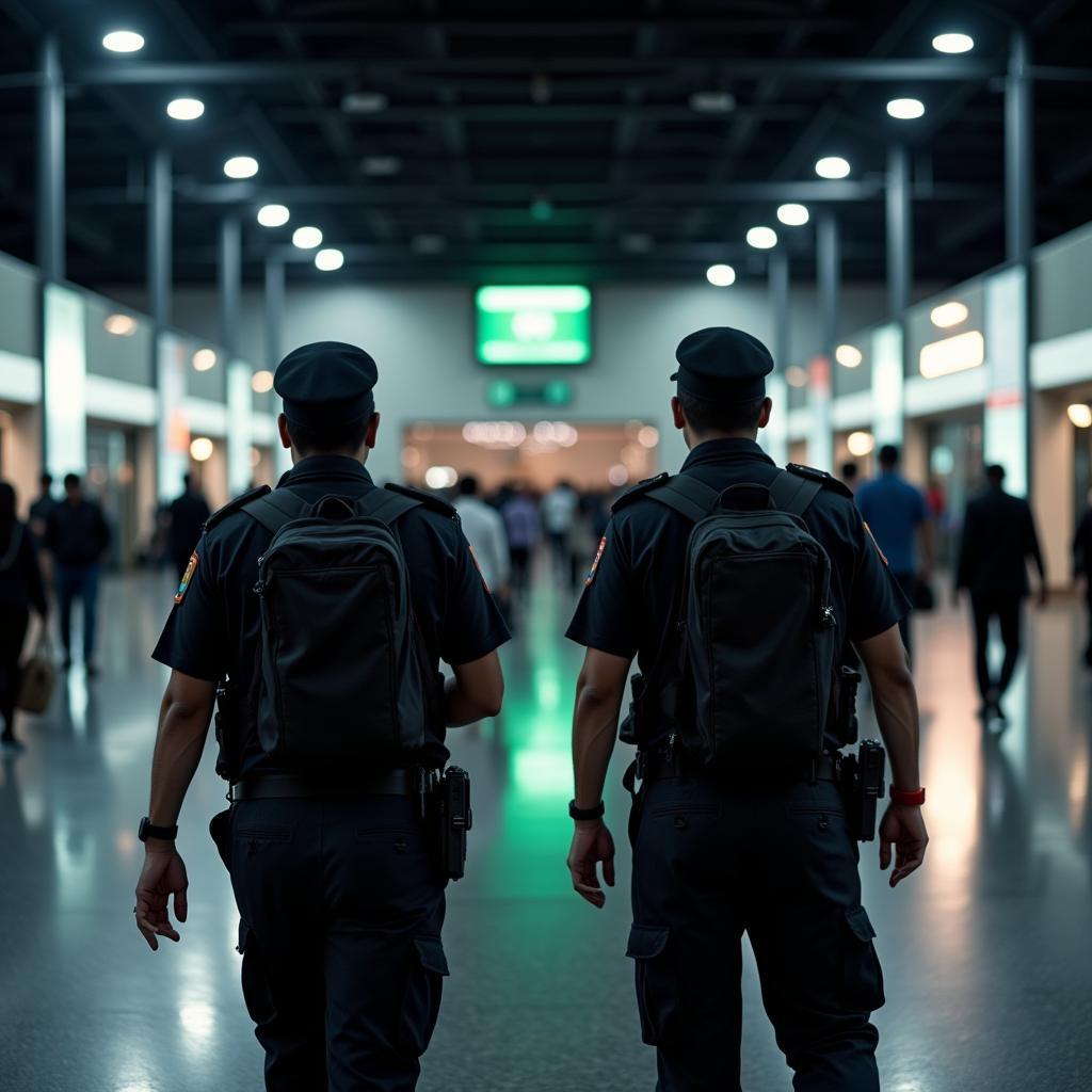 Airport security personnel on night patrol at Hyderabad Airport