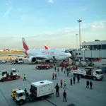 Busy Airport Tarmac with Ground Operations in Progress