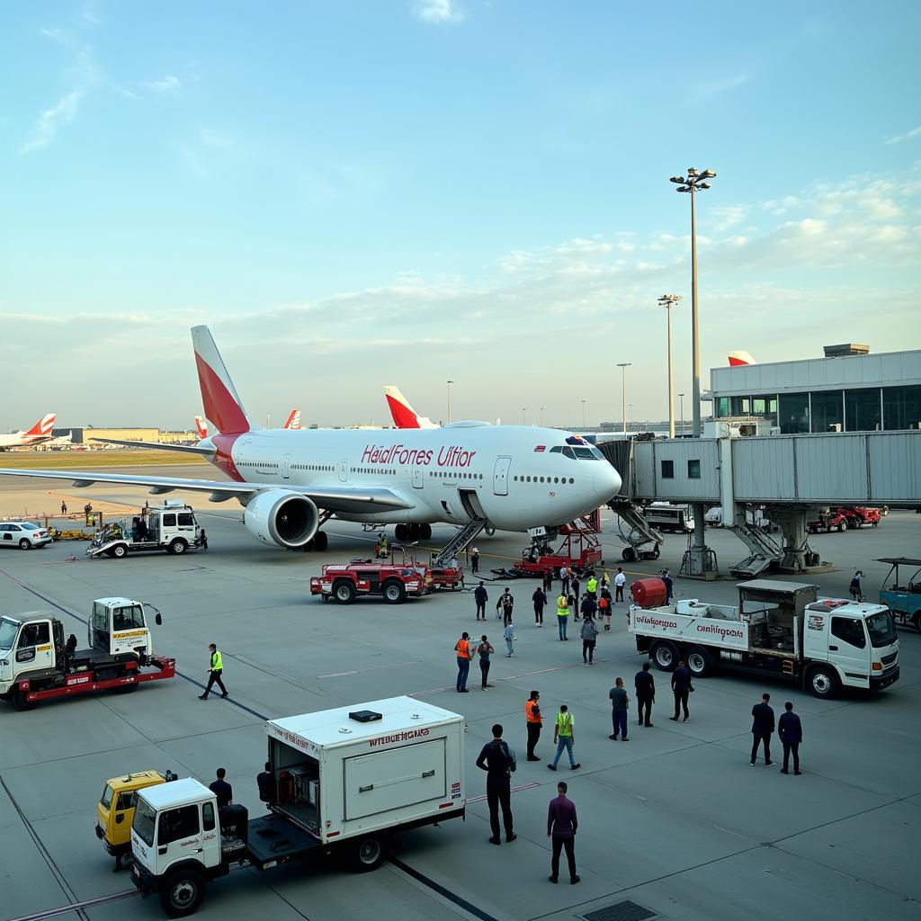 Busy Airport Tarmac with Ground Operations in Progress