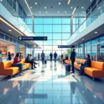 Modern airport terminal with passengers and amenities