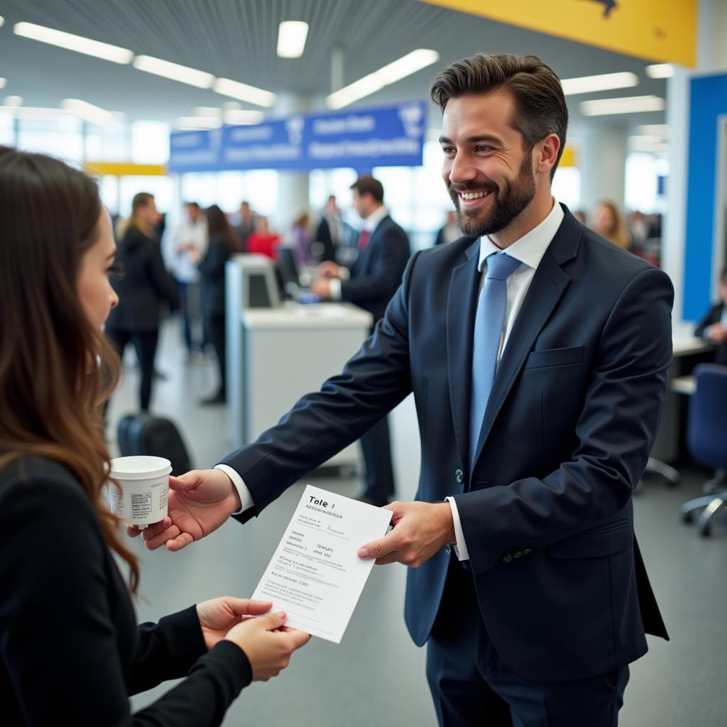 Airport ticket executive assisting passengers at the check-in counter