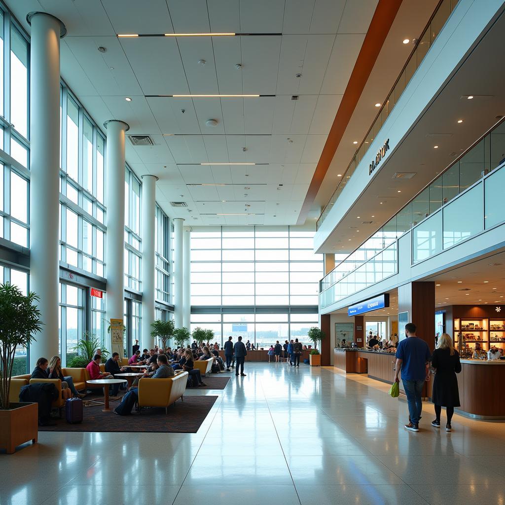 Modern and spacious interior of Almaty International Airport terminal