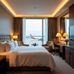 Modern and comfortable hotel room interior with airport view