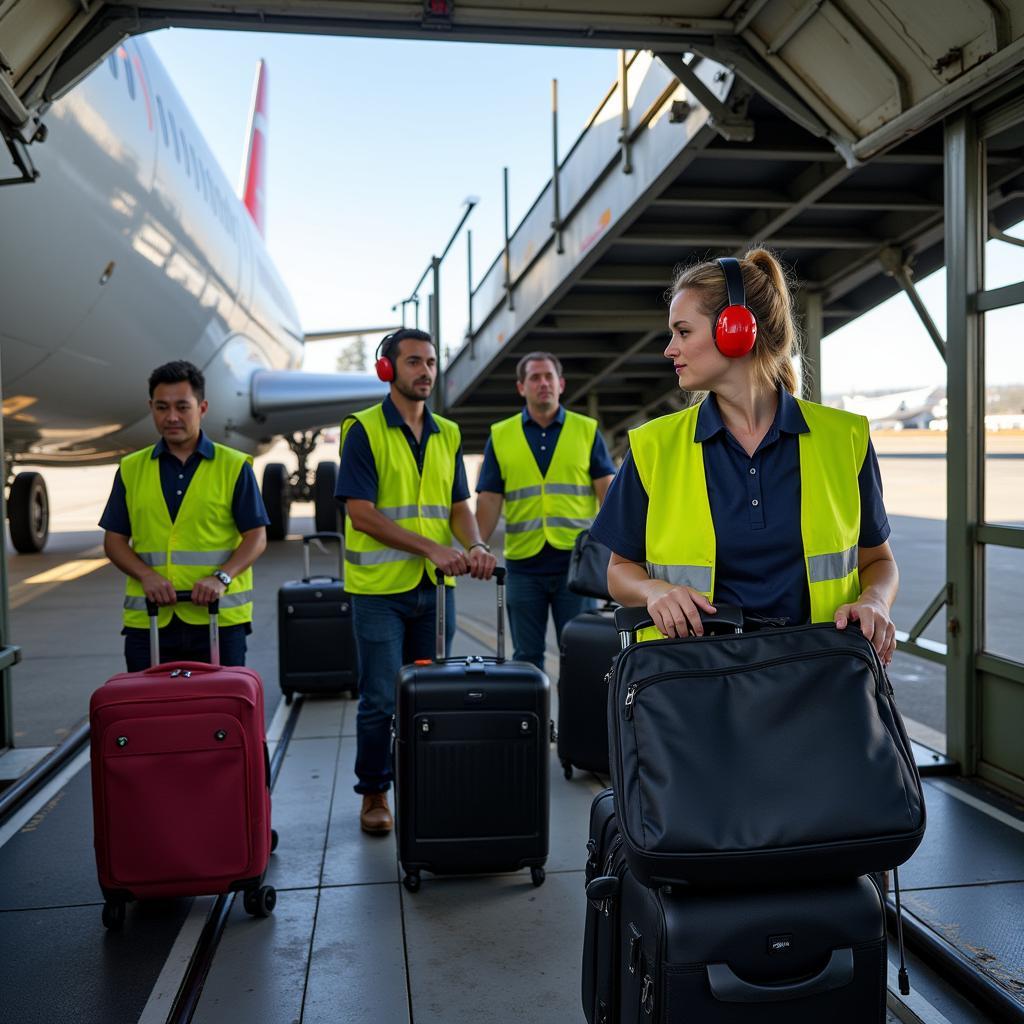 Baggage Handlers Loading Luggage onto an Airplane