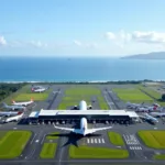 Aerial view of Bali Indonesia Airport showing the terminal buildings and runway