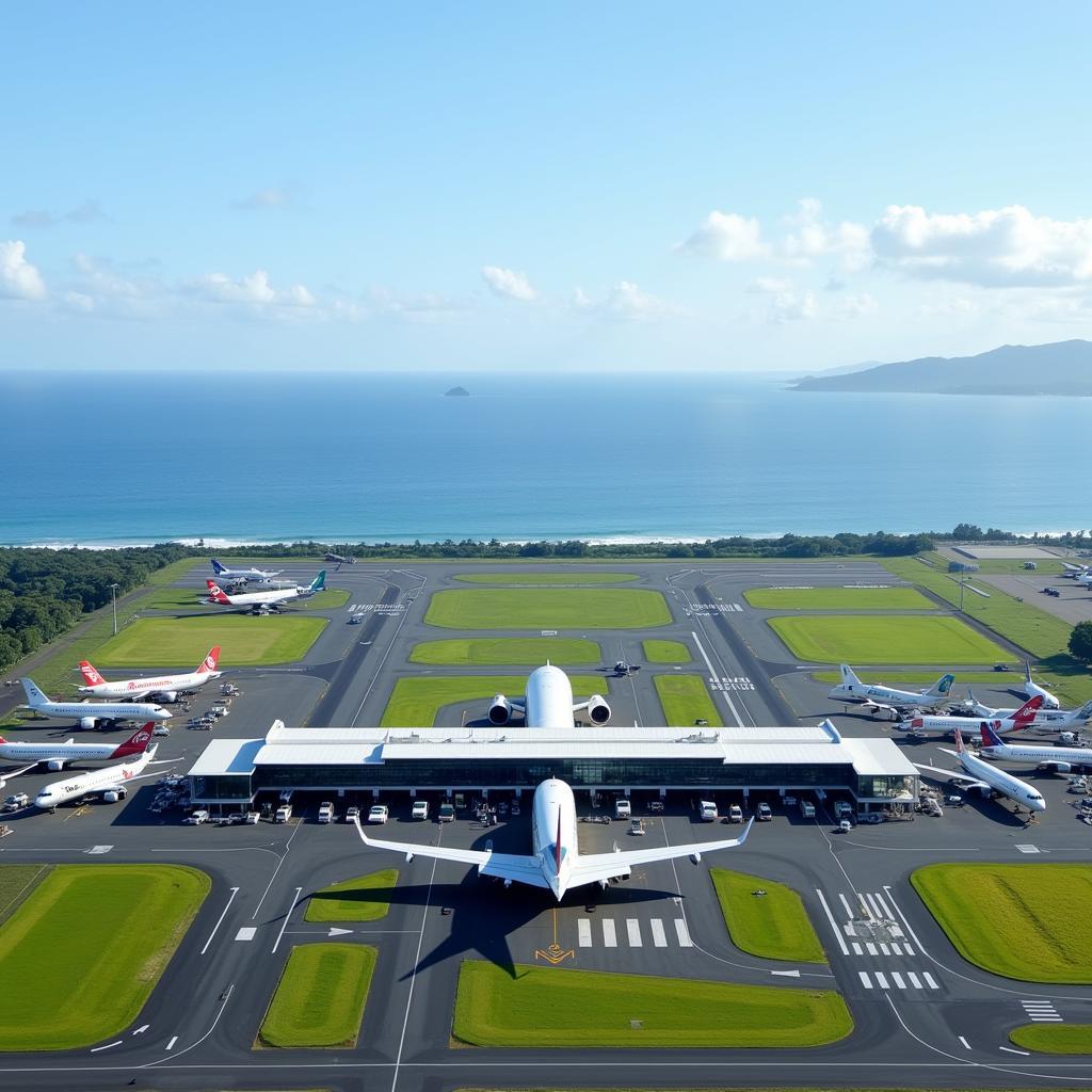 Aerial view of Bali Indonesia Airport showing the terminal buildings and runway