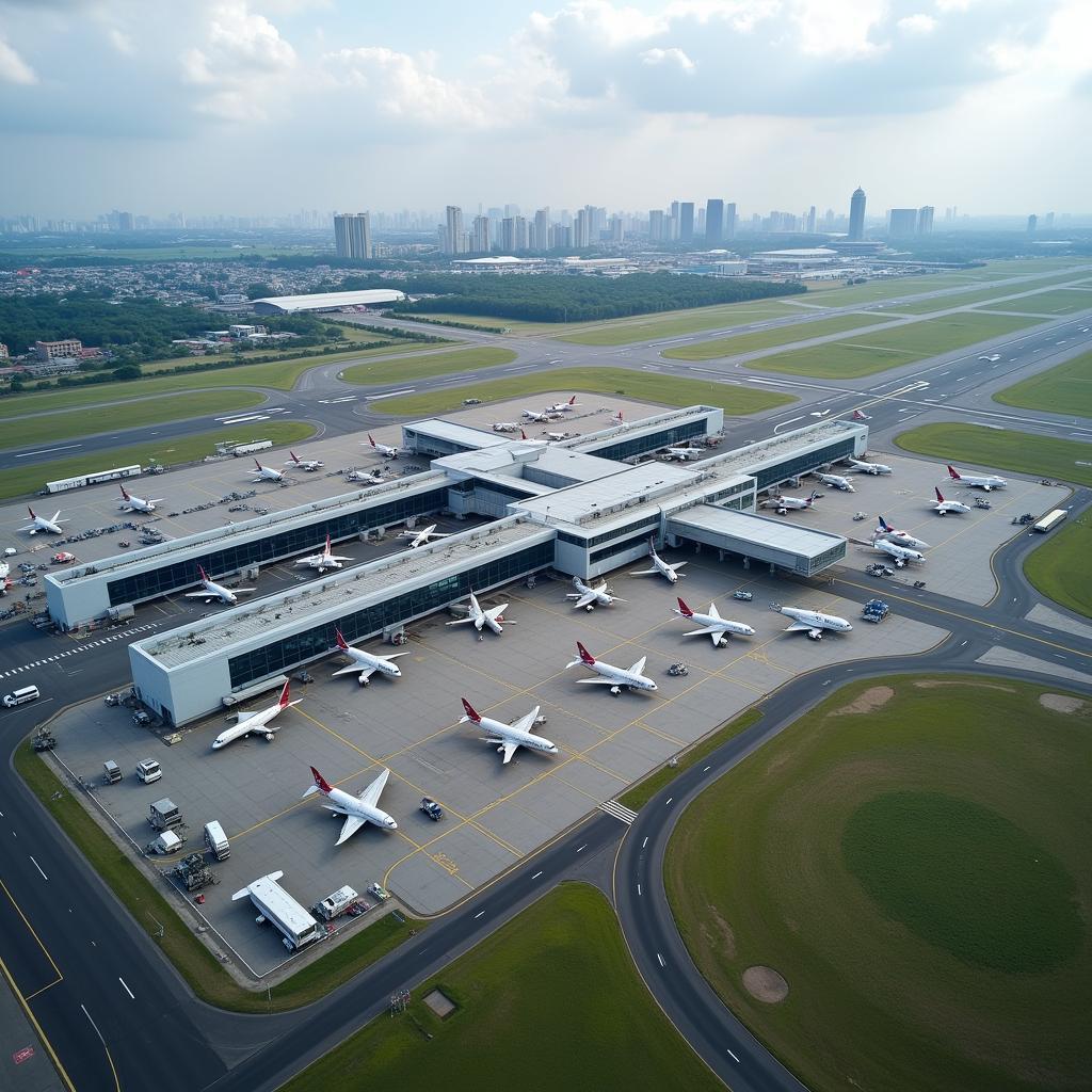 Bangalore International Airport Aerial View: A panoramic view of the airport showcasing its modern architecture and extensive runway system