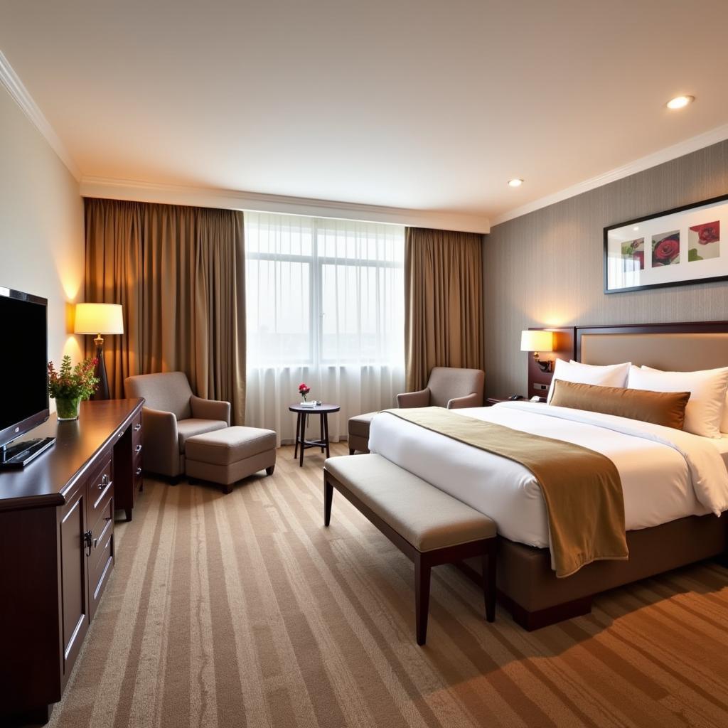 Luxurious hotel room interior near Bangalore airport with comfortable seating area and modern amenities