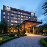 Luxury hotel exterior near Bangalore airport with lush landscaping and modern architecture