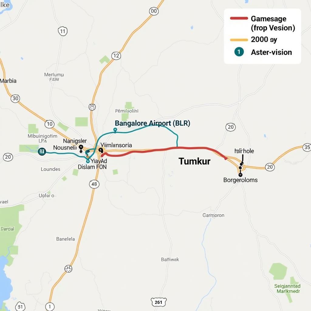 Map showing route from Bangalore Airport to Tumkur