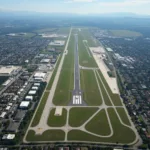 Banyuwangi Airport Runway Aerial View: Aerial view of Banyuwangi Airport runway and surrounding area, highlighting its location and infrastructure.