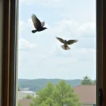 3M film applied to airport glass to prevent bird strikes, showing a bird safely diverting from the protected window.