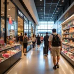 Busan Airport PKT Duty-Free Shopping: Travelers browse the shelves of a duty-free shop in the departures area of Busan Gimhae International Airport.