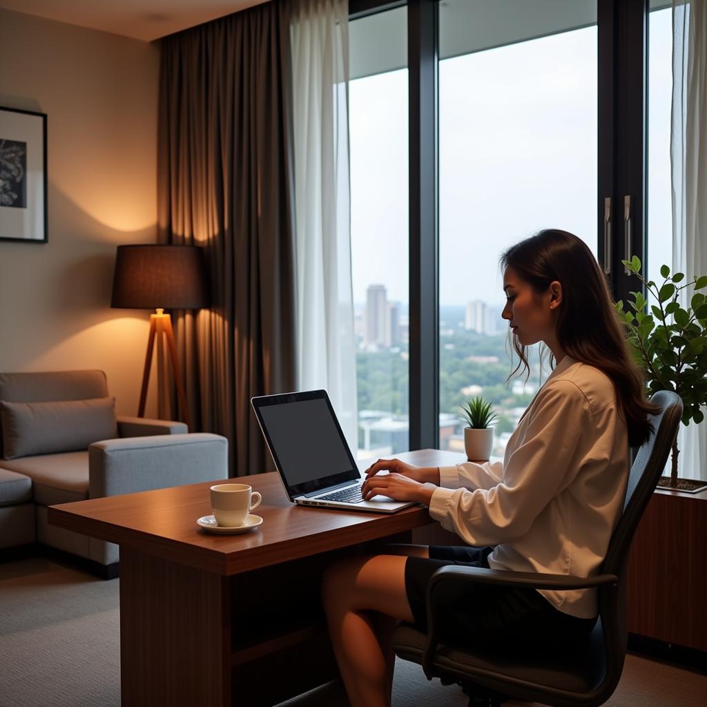 Business Traveler Working in a Hotel Room