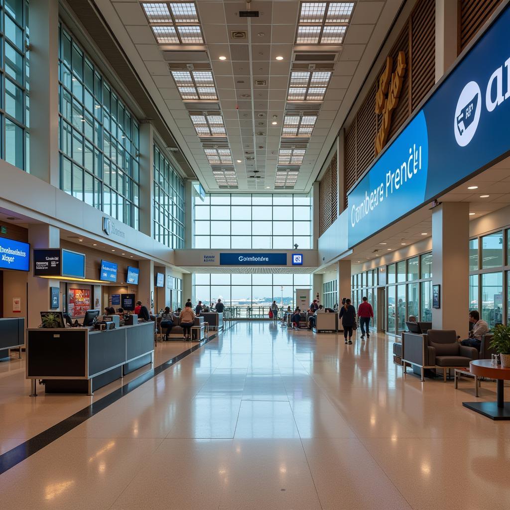 Coimbatore Airport Terminal Interior: A view of the modern and spacious check-in area, showcasing passenger amenities and information displays.