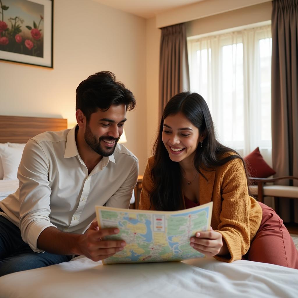 Couple enjoying a budget-friendly stay near Kolkata Airport