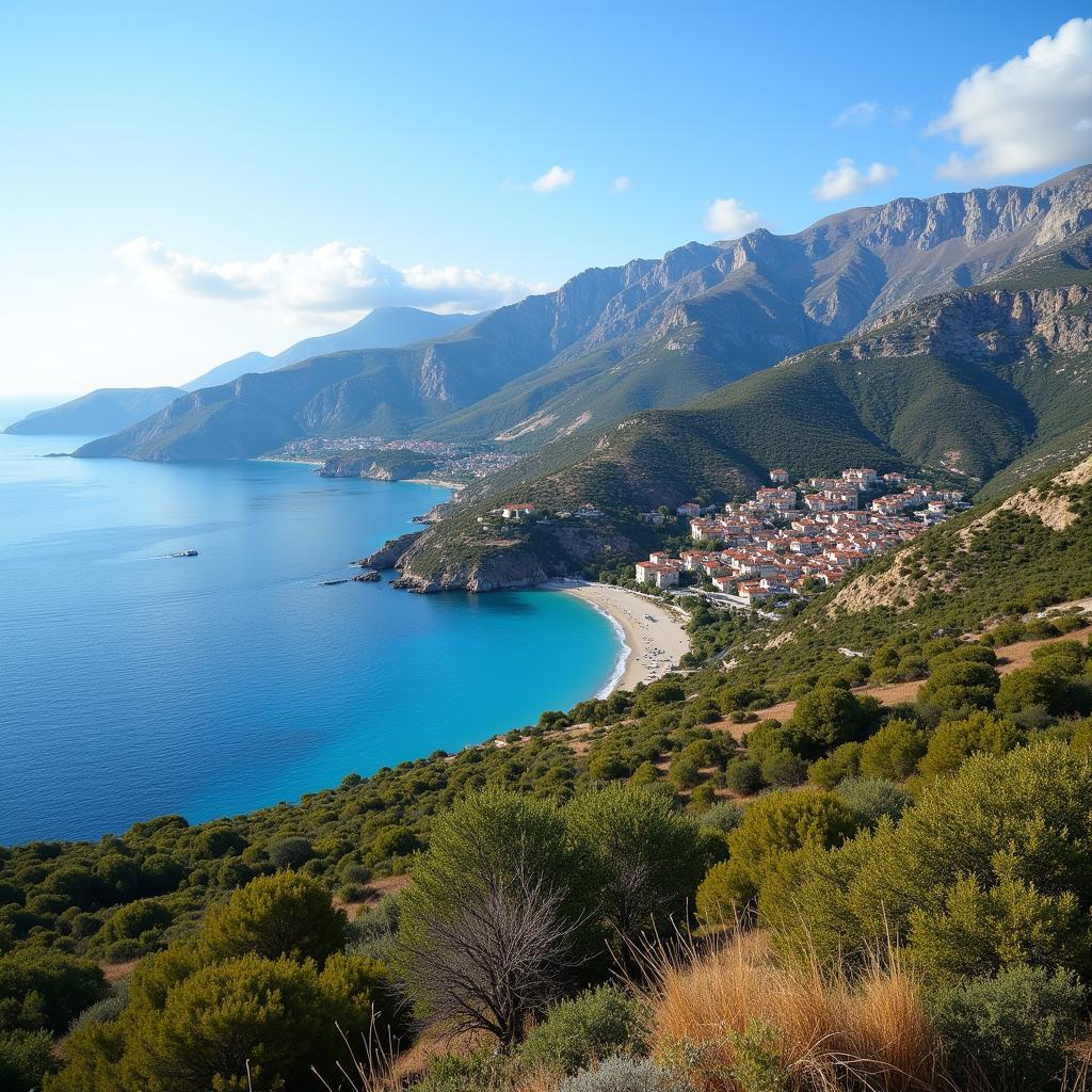 Crete Island View: Scenic Landscape with Coastal Towns and Mountains