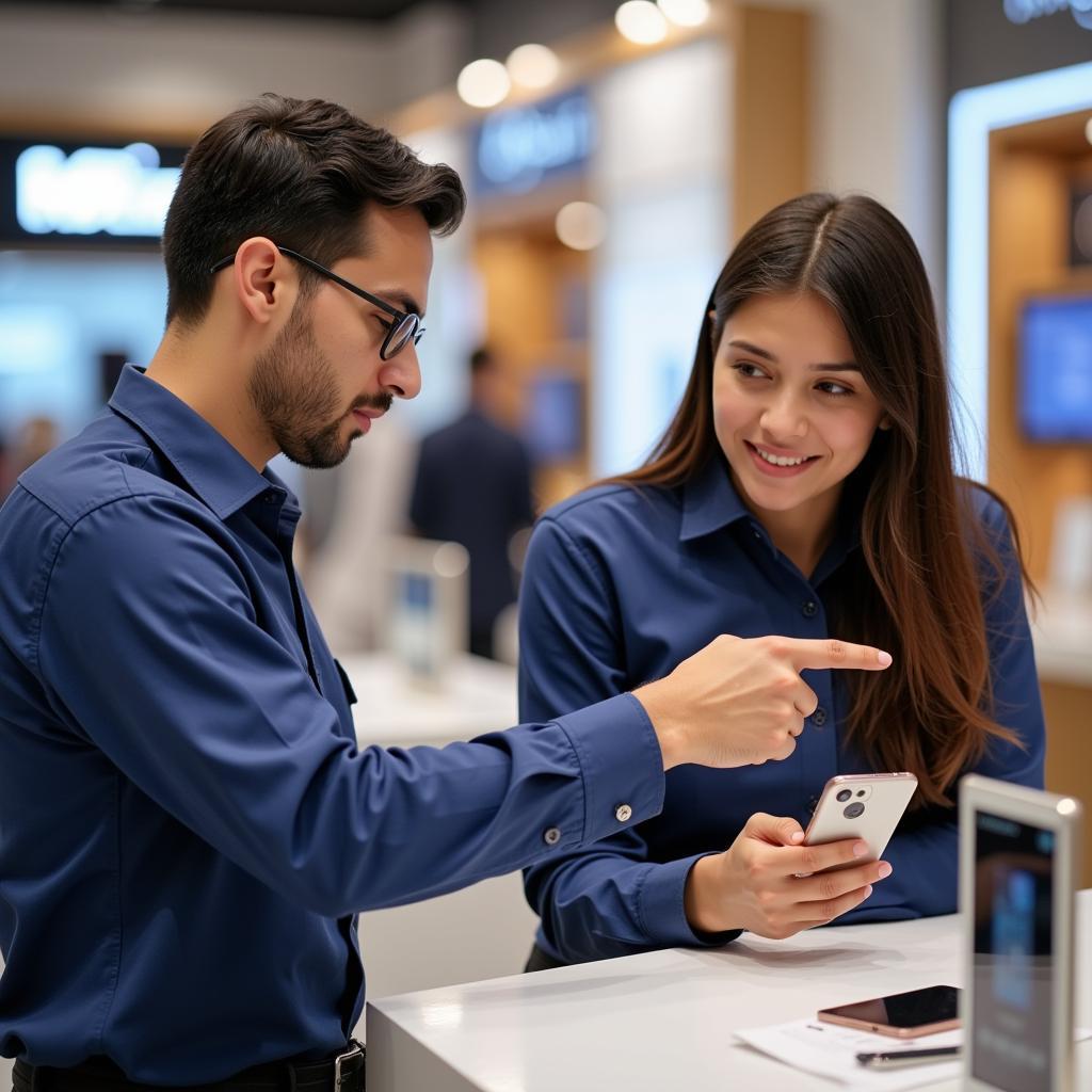 Airport Staff Assisting Customer with Mobile Phone Purchase