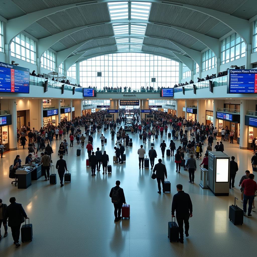 Interior view of Dam Dam Airport's departure hall, bustling with passengers