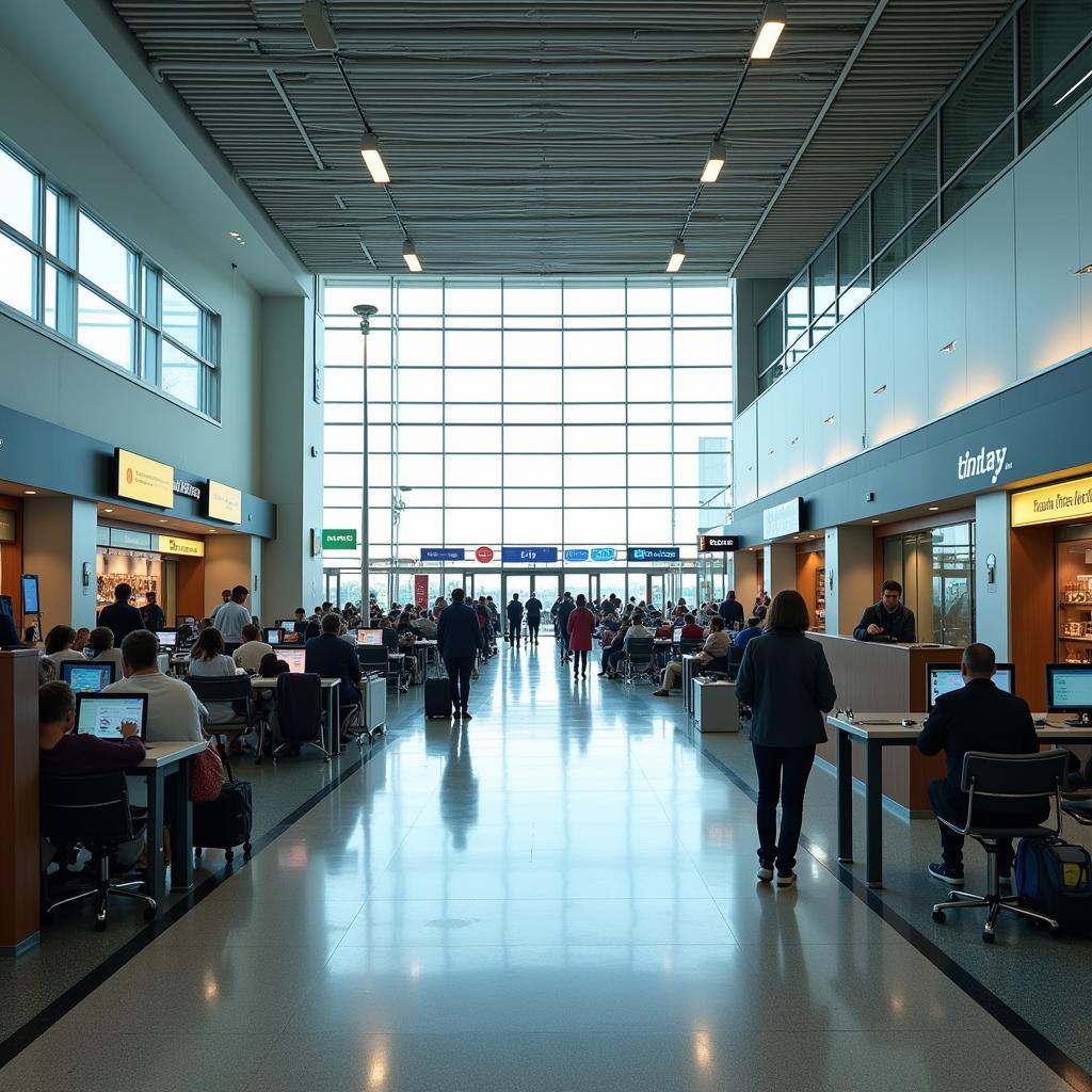 Modern terminal building of Dewas Airport with passengers and amenities.