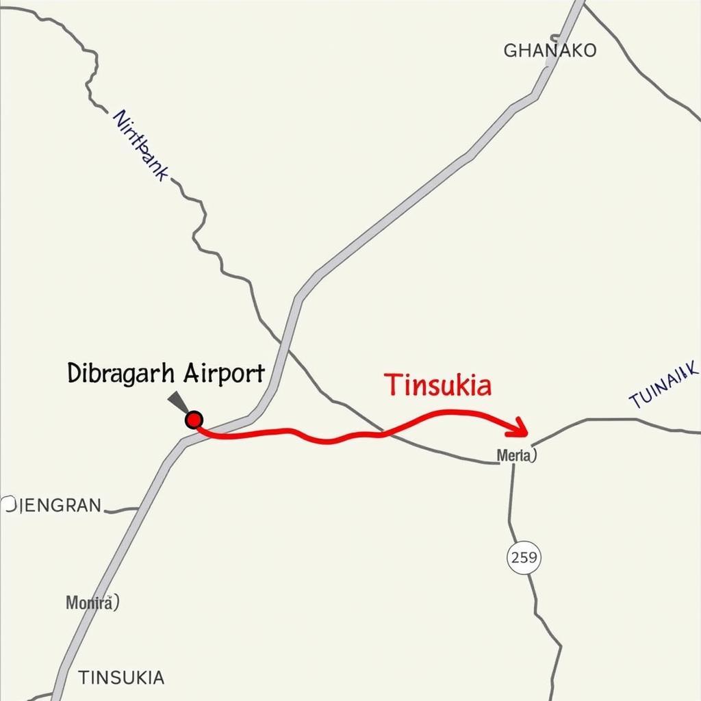 Map showing Dibrugarh Airport to Tinsukia